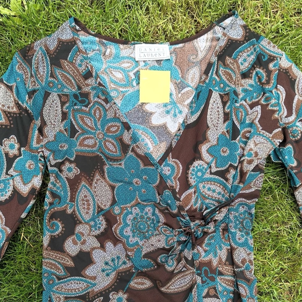 Vintage Daniel Laurent Turquoise & Brown Floral Wrap Top